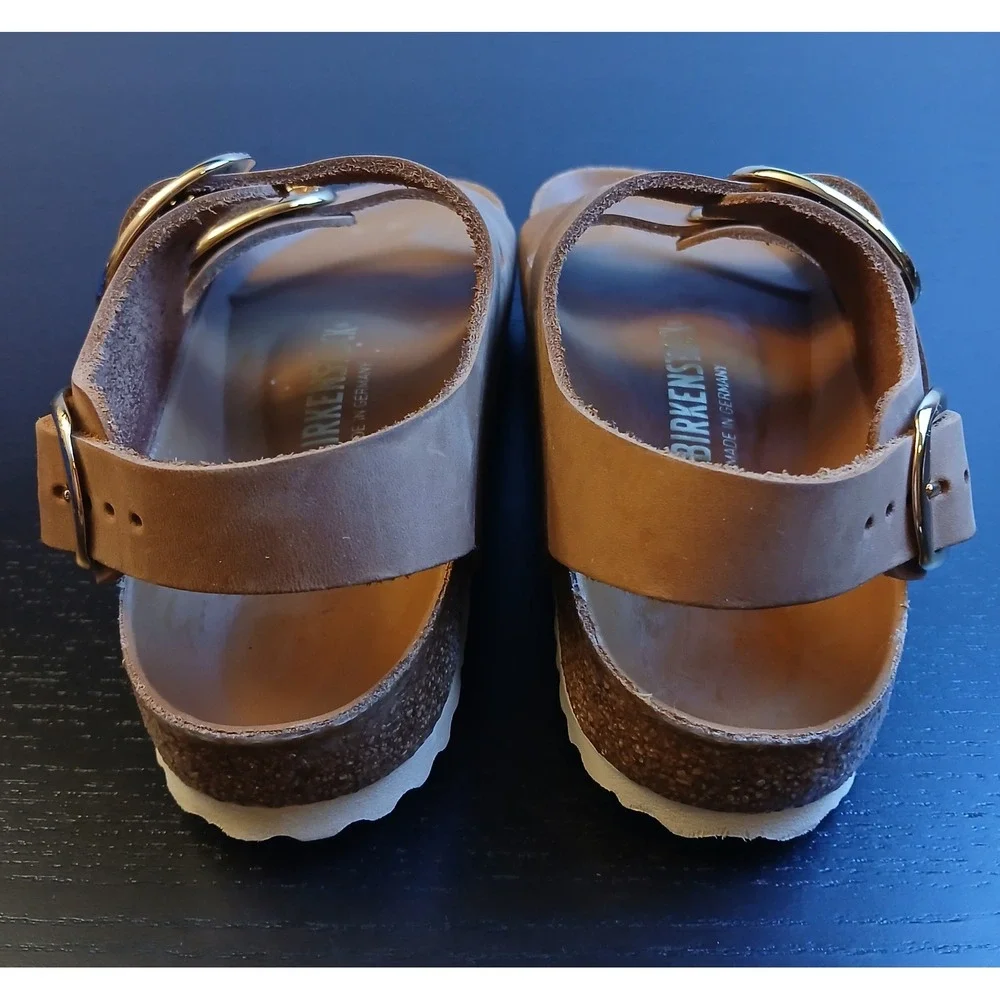 Birkenstock Milano Big Buckle Sandals Cognac Oiled Leather EU 36 US 5 Gold